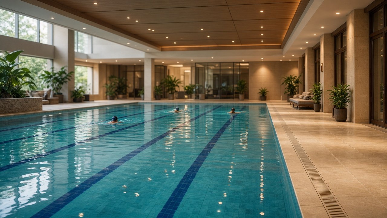 Lap swimmers in the Zarya indoor pool