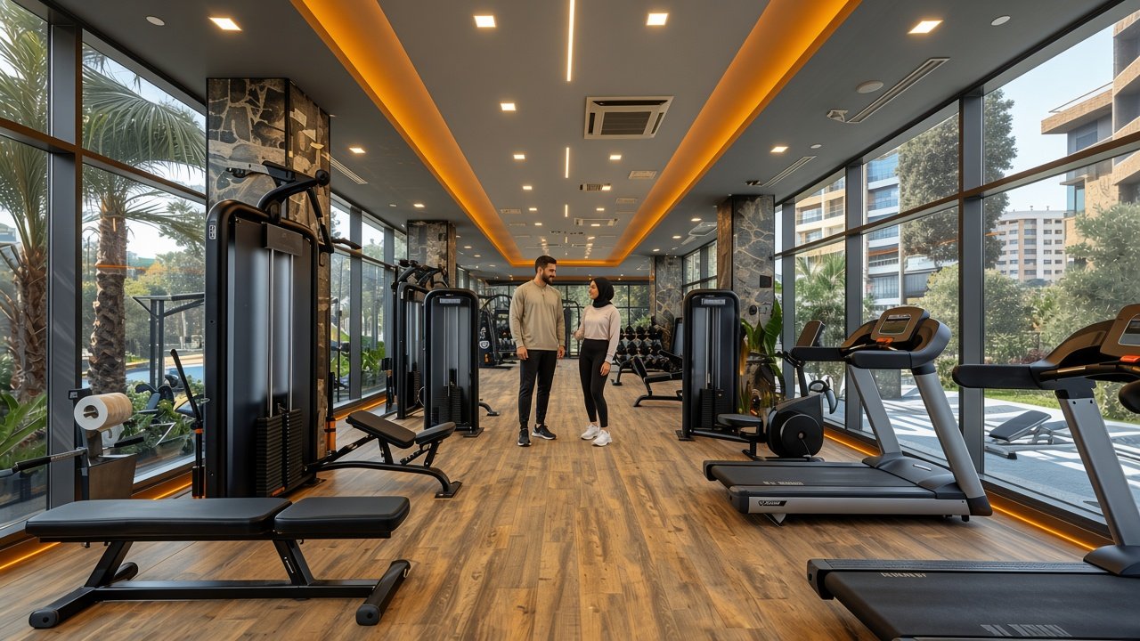 A couple training together on the Zarya gym floor