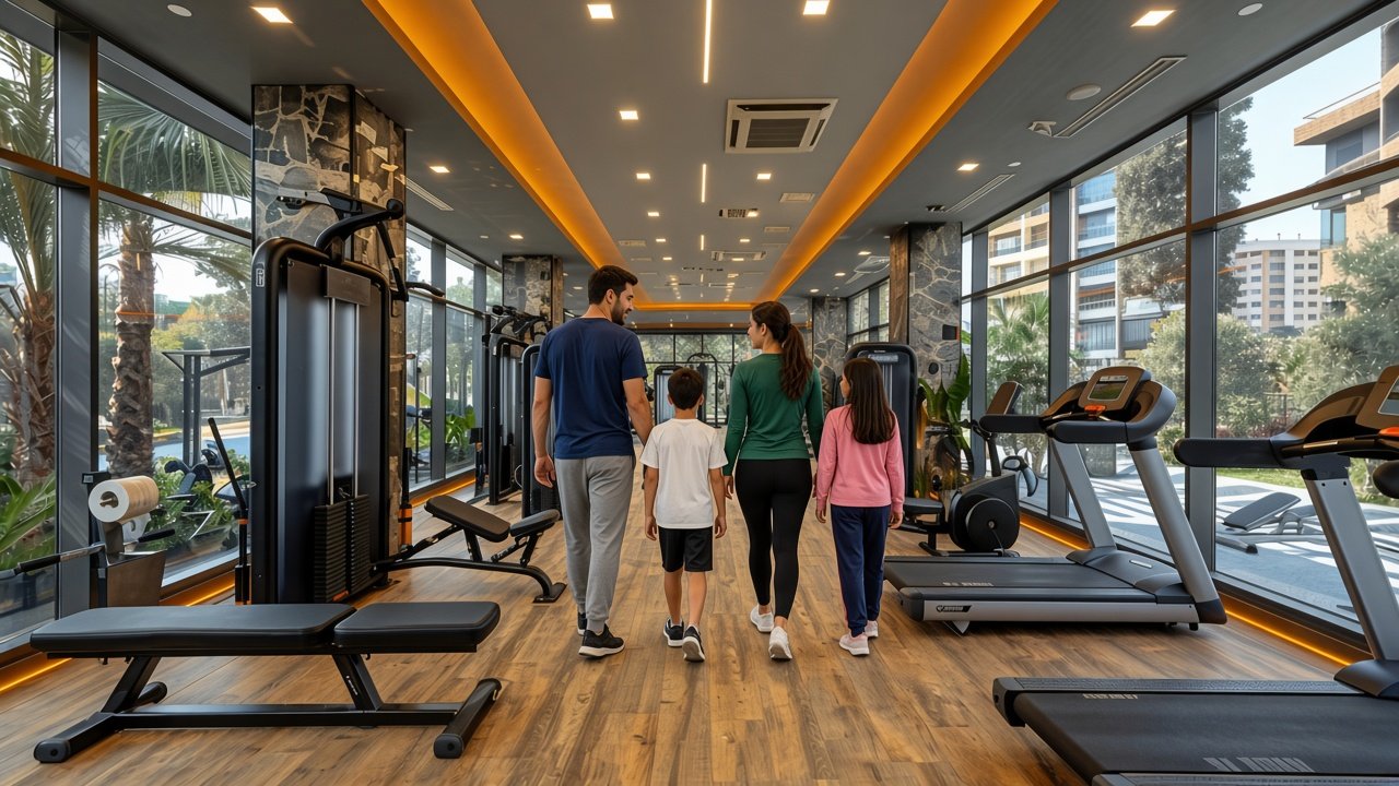A family walking through the Zarya gym together