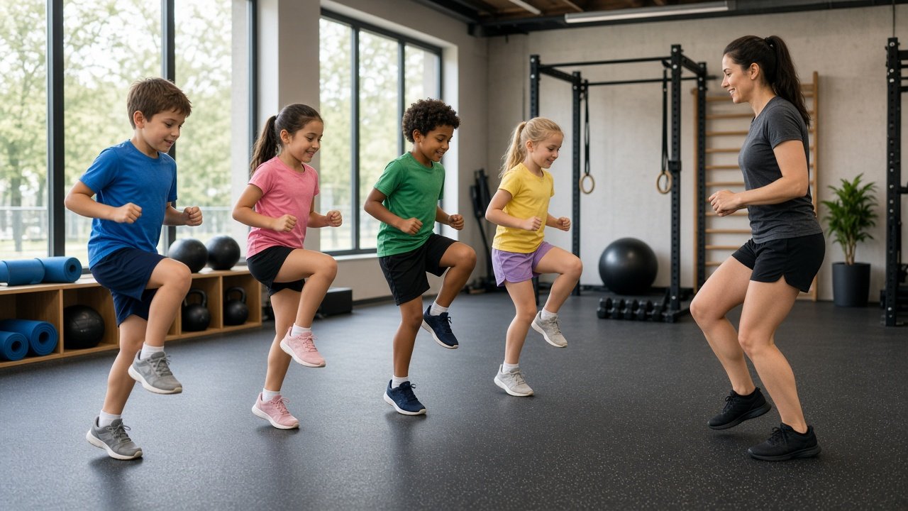 Children training with a coach in the Zarya kids gym