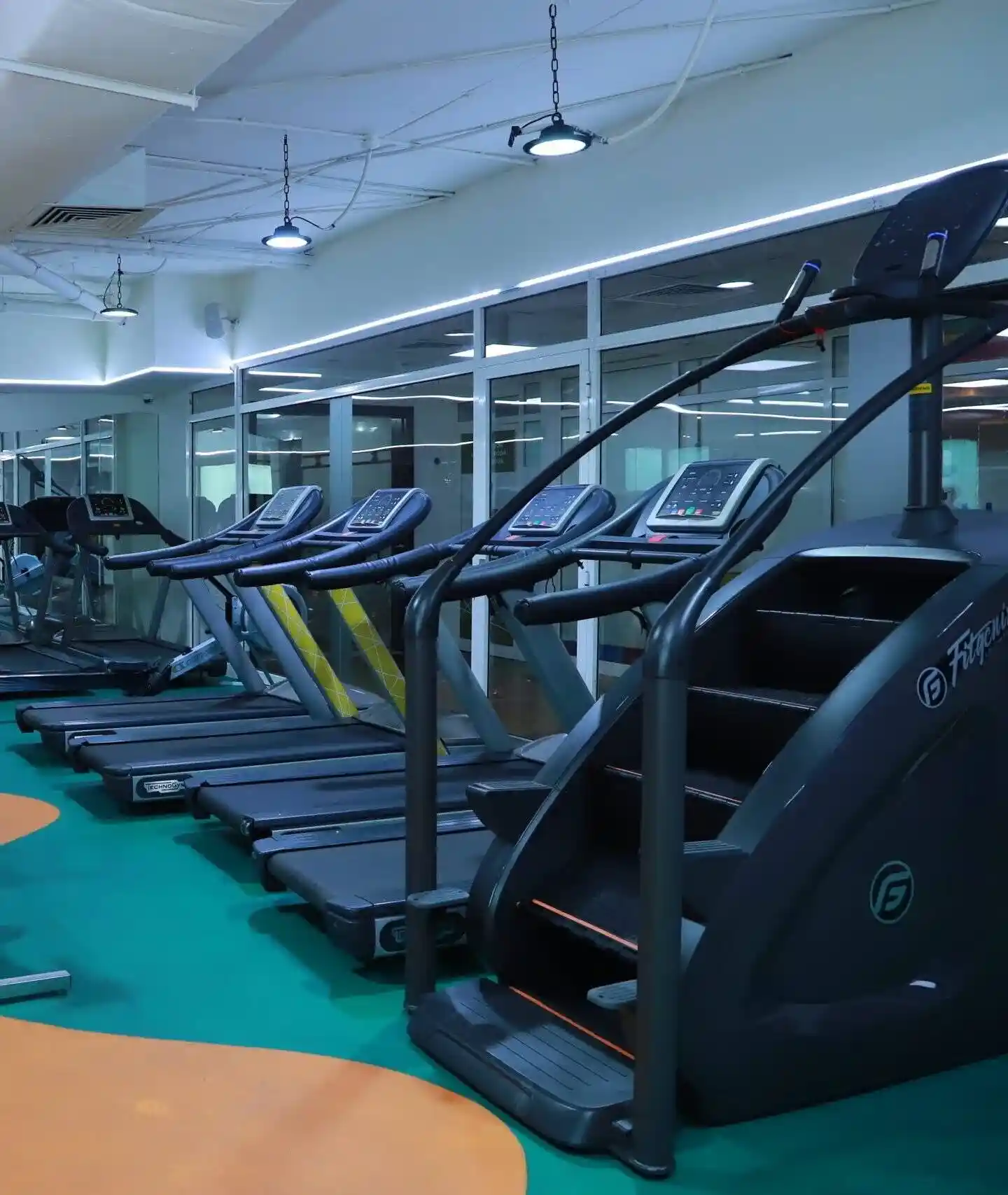 Cardio area with treadmills and elliptical machines in a gym