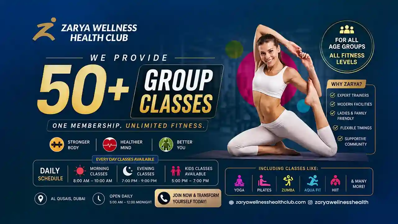 Zarya Wellness Health Club banner: 50+ group fitness classes in Dubai, including yoga