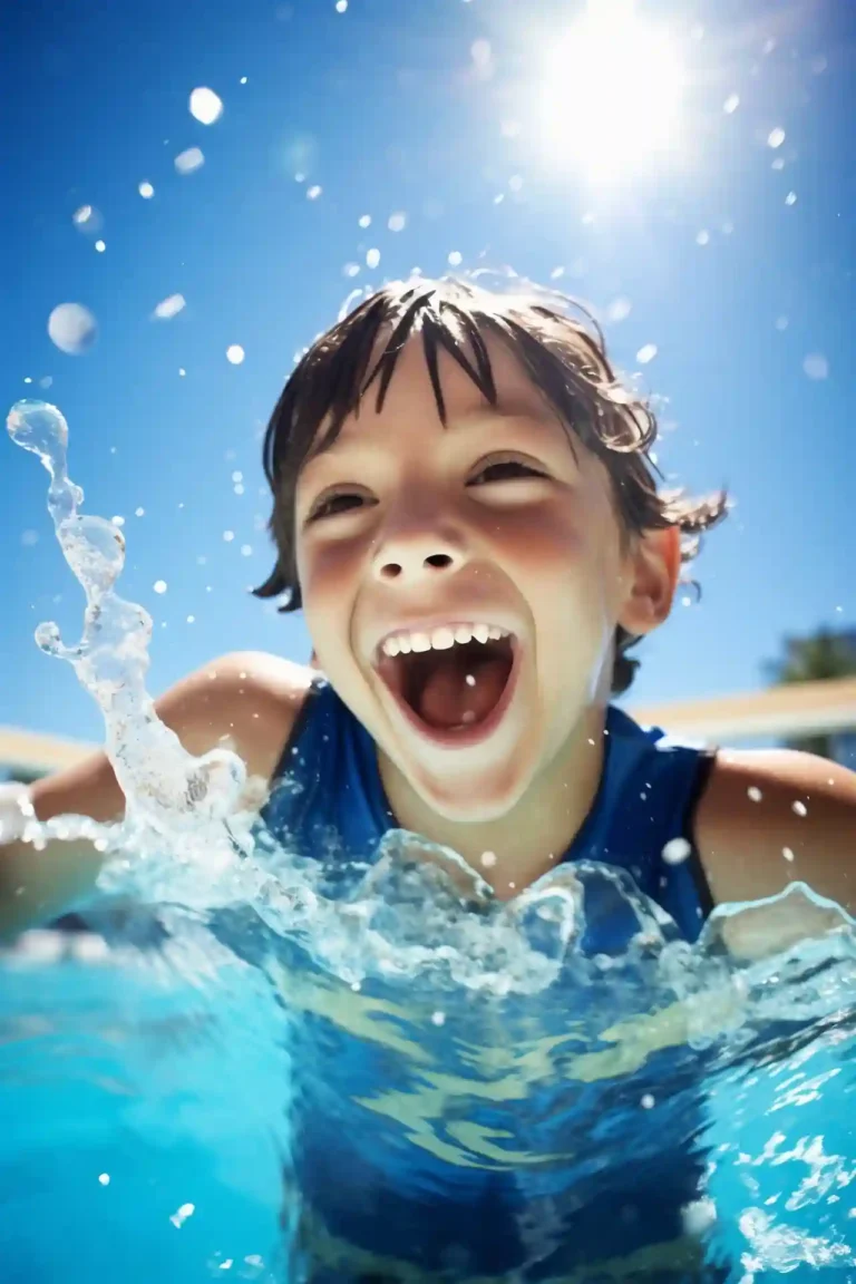 Young boy swimming and smiling in a pool